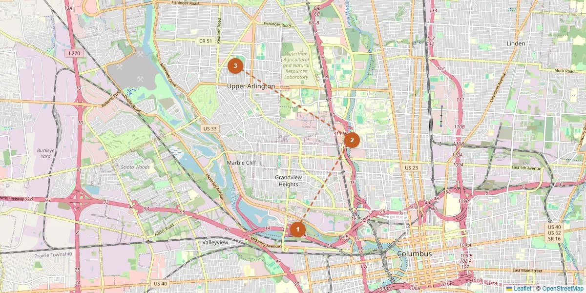 Columbus map showing three numbered demo stops in planned order.